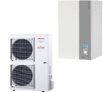 Le système de pompe à chaleur Fujitsu, doté de la technologie avancée Alféa Excellia, dispose d'unités extérieures et intérieures avec un panneau de commande visible, garantissant un fonctionnement transparent et une efficacité optimale.