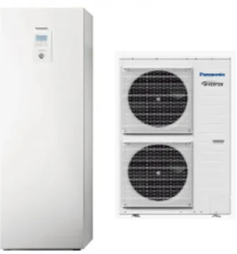 Le système de pompe à chaleur air-eau blanc Panasonic Aquarea T-CAP comprend une unité intérieure à gauche et une unité extérieure à droite, offrant une solution tout-en-un transparente pour un chauffage efficace.