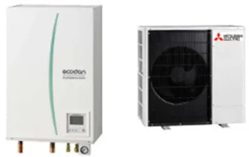 Le système de pompe à chaleur Mitsubishi Electric Ecodan, équipé de la technologie avancée Eco Inverter, comprend une unité intérieure à gauche et une unité extérieure avec un ventilateur à droite pour une efficacité optimale.