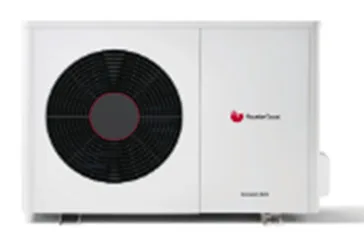 La pompe à chaleur blanche Genia Air est dotée d'un ventilateur circulaire noir à gauche, d'un petit logo rouge à droite et d'un système split efficace de 5 kW conçu pour des performances optimales.