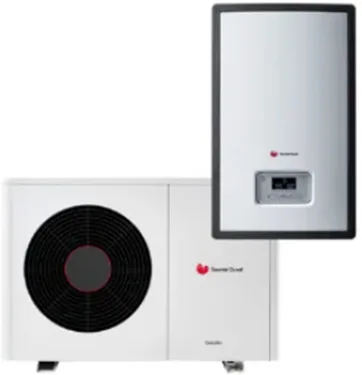 L'élégant Genia Air Split est doté d'une unité de climatisation blanche avec un puissant ventilateur circulaire noir de 12 kW sur la gauche et d'un panneau de commande mural pratique sur la droite, parfait pour maintenir un confort optimal.