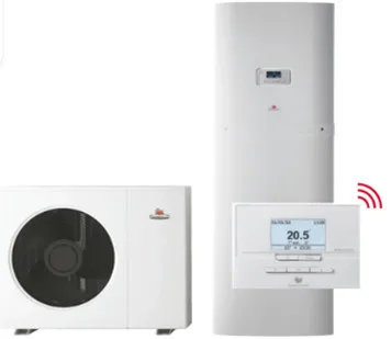 Le système de chauffage Ecodan se compose de trois éléments : une unité externe avec ventilateur, un chauffe-eau cylindrique haut et un thermostat numérique affichant la température. Pour une efficacité accrue, envisagez de passer à la version Zubadan R32.